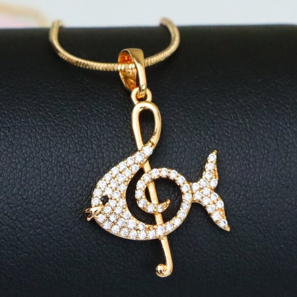 "Rose Gold Fish Pendant with Treble Clef Design and Crystal Accents, XPPT1479 - Picture 1 of 13